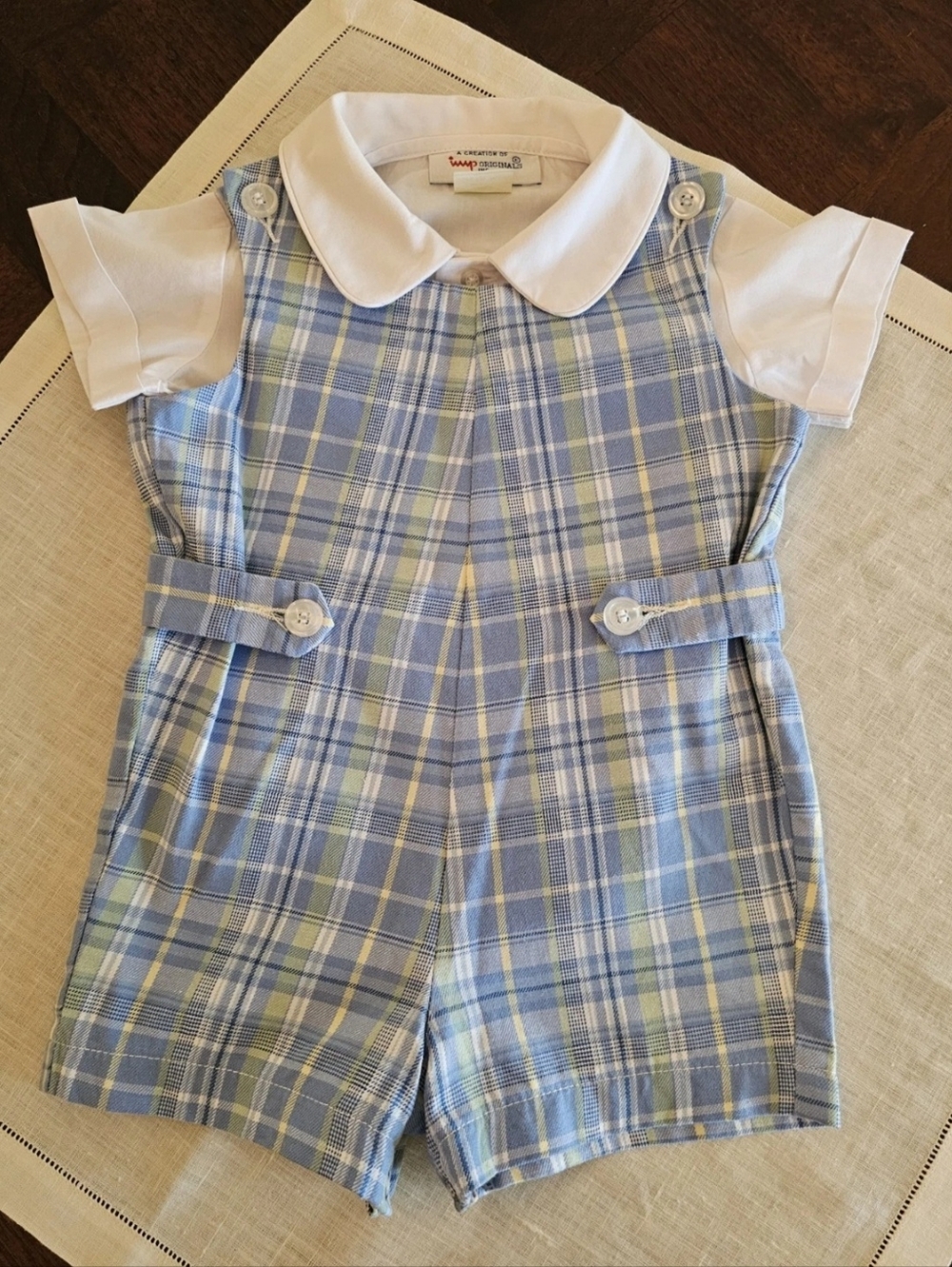 Boutique Imp Boys Blue Plaid  Shortall Jon Jon Romper Set- Peter Pan Collar 12M